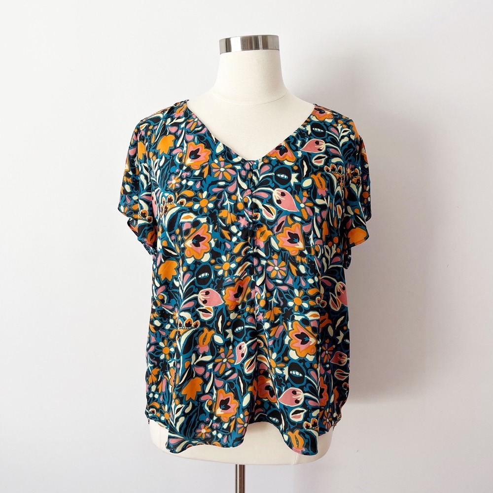 Premise Floral Blouse Teal Short Sleeve V-Neck Button Front 2X Office‎ Career